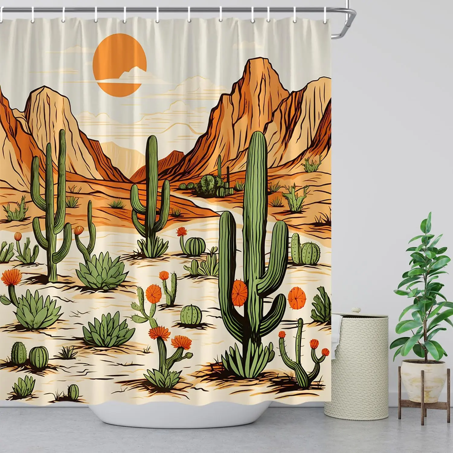 Western Shower Curtain Cactus Mountain Tropical Desert Landscape Ethnic Aztec American Cowboy Bathroom Decor Fabric Curtains