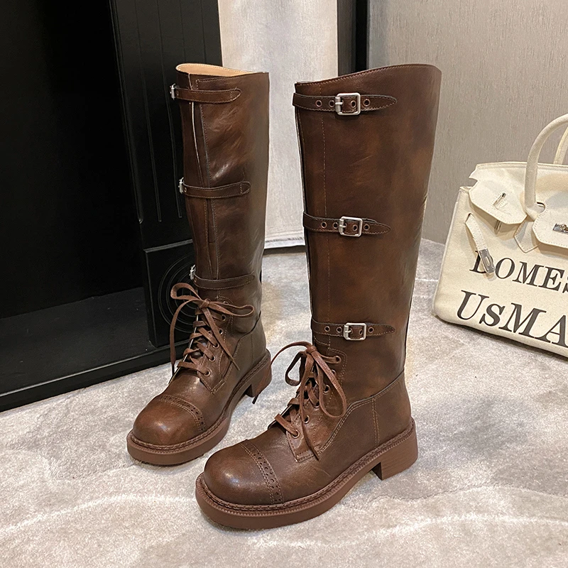 2024 Women Fashion Buckle Strap Knight Boots Autumn Winter Platform Knee High Boots Women Vintage PU Leather Long