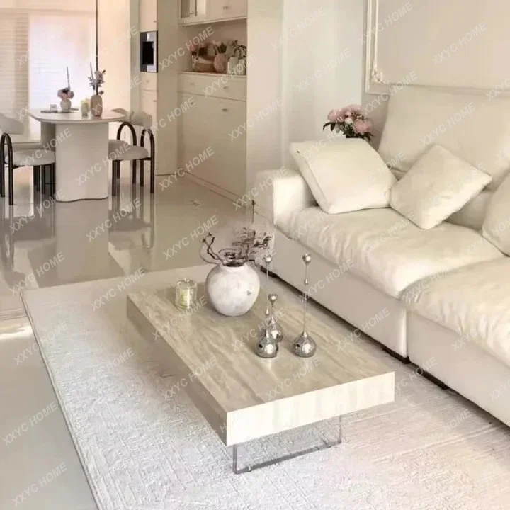 

Hwabi-sandy travertine rock slab coffee table suspended creative table modern simplicity, rectangular tea table minimalist