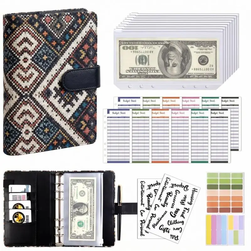 Carnet à 6 anneaux en cuir PU A6, design élégant, couverture de carnet de notes personnelle, peut être utilisé pour le stockage de budget en espèces