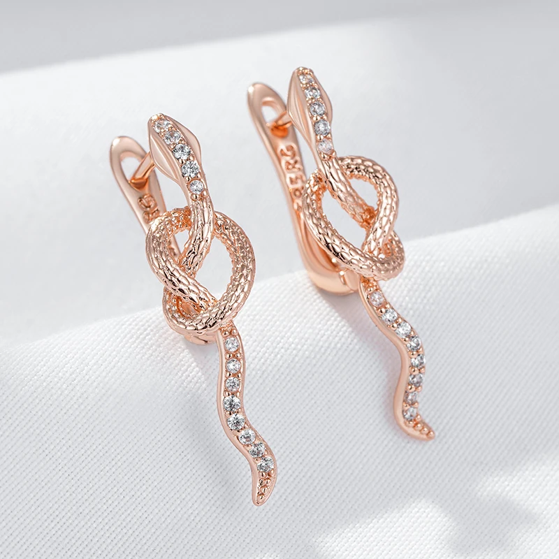 Kinel Hot Full Natural Zircon Snake Drop Earrings For Women Fashion 585 Rose Gold Color Heavy Metals Punk Rock Animal Jewelry