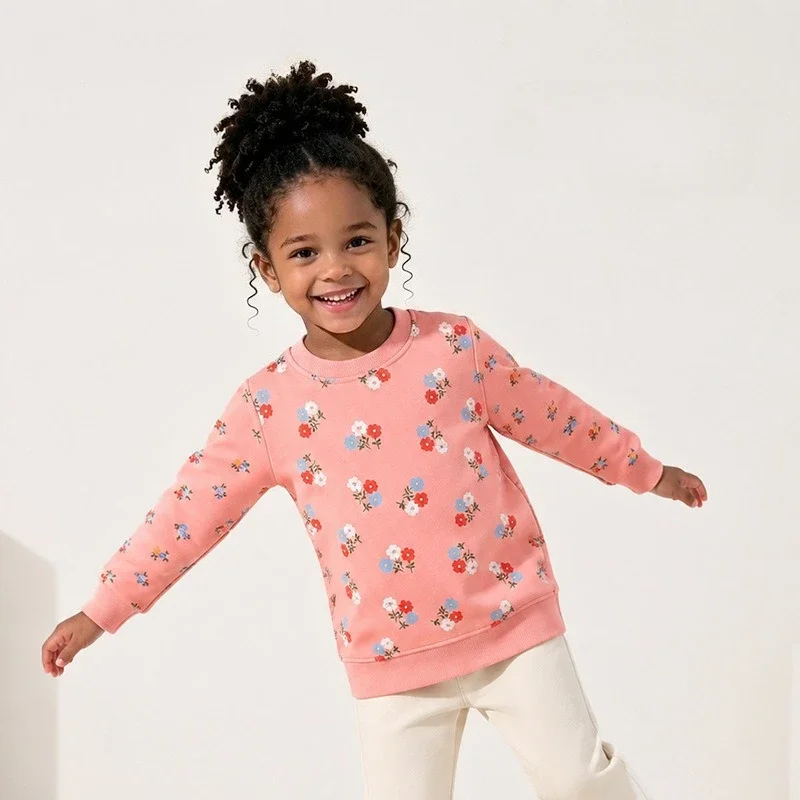 2-7T Flower Girls Sweatshirts 100% Cotton Hoodies Pullover Tops All Over Print Floral Long Sleeve Crew Neck Kids Sweatshirt