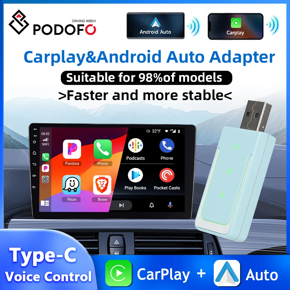 Podofo 2-in-1 Carplay Android Auto Adapter Carplay Dongle Android Auto Box WIFI Voice Assistant Navigation For VW Ford Hyundai