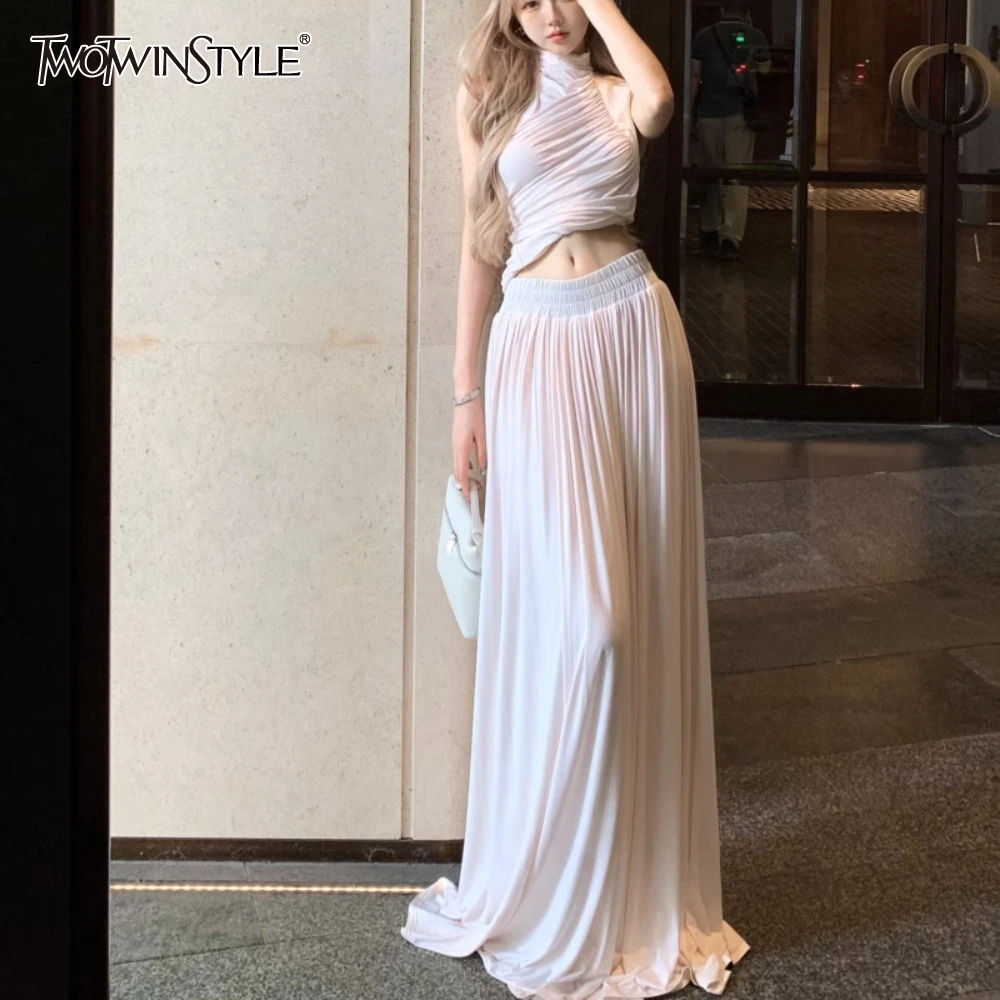 

TWOTWINSTYLE Solid Slim Two Piece Set for Women O Neck Sleeveless Top High Waist Loose Skirts Female Fashion Style New