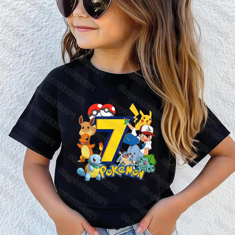 

Pokemons Children T Shirts Pikachu Birthday Number 1-9 Printed T Shirt Boys Girls Casual Short Sleeves Tops Summer Kids Cclothes