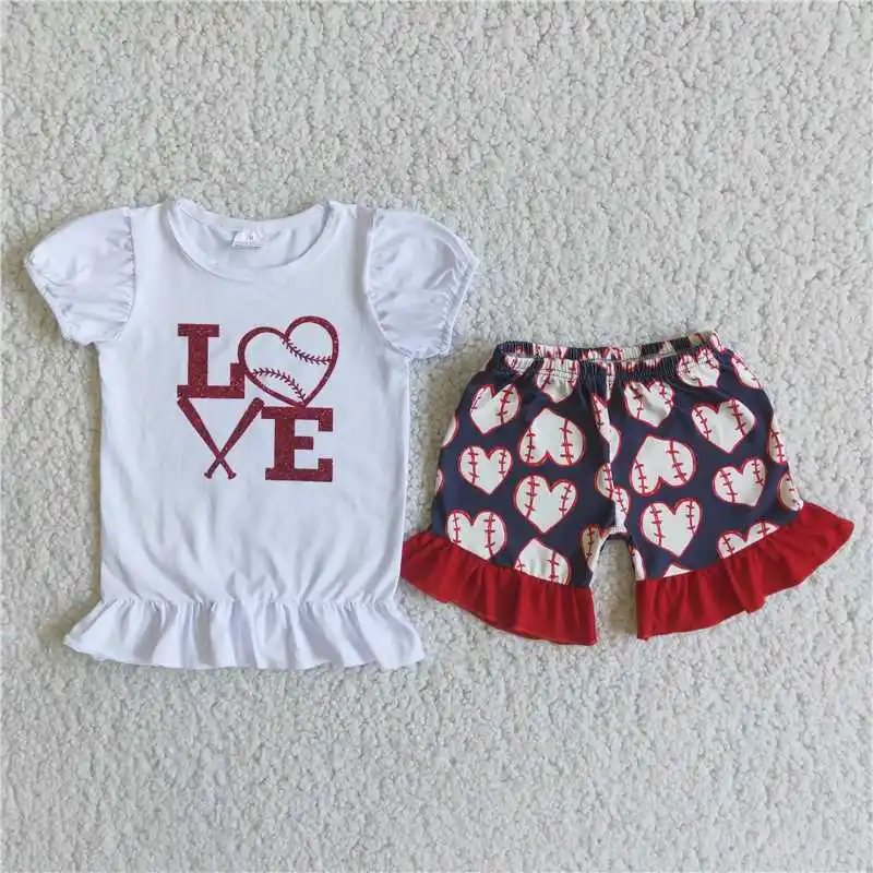 

Fashion 2022 Daily Wearing RTS Summer Girls Clothing Sets White Love Sleeve Top Boutique Outfits Baby Baseball Red Shorts Sets