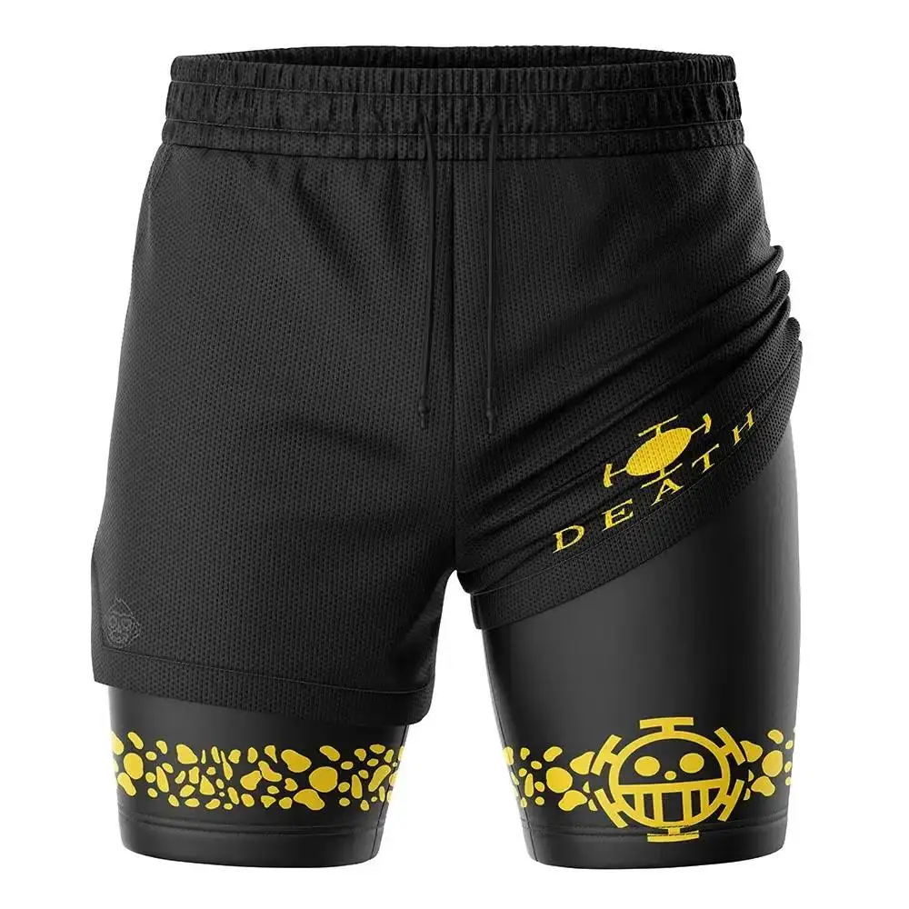 Pantalones cortos de doble capa de Anime de una pieza para hombre, entrenamiento de gimnasia, estampado de Luffy Zoro, tela de secado rápido, talla grande, ajuste holgado con bolsillos