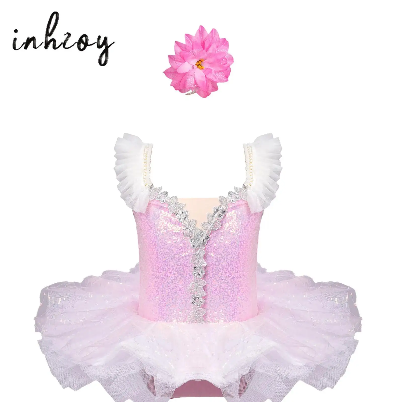 

Kids Girls Ballet Dance Dress Birthday Party Princess Dress Adjustable Shoulder Straps Shiny Sequins Tulle Tutu Dress+Headwear