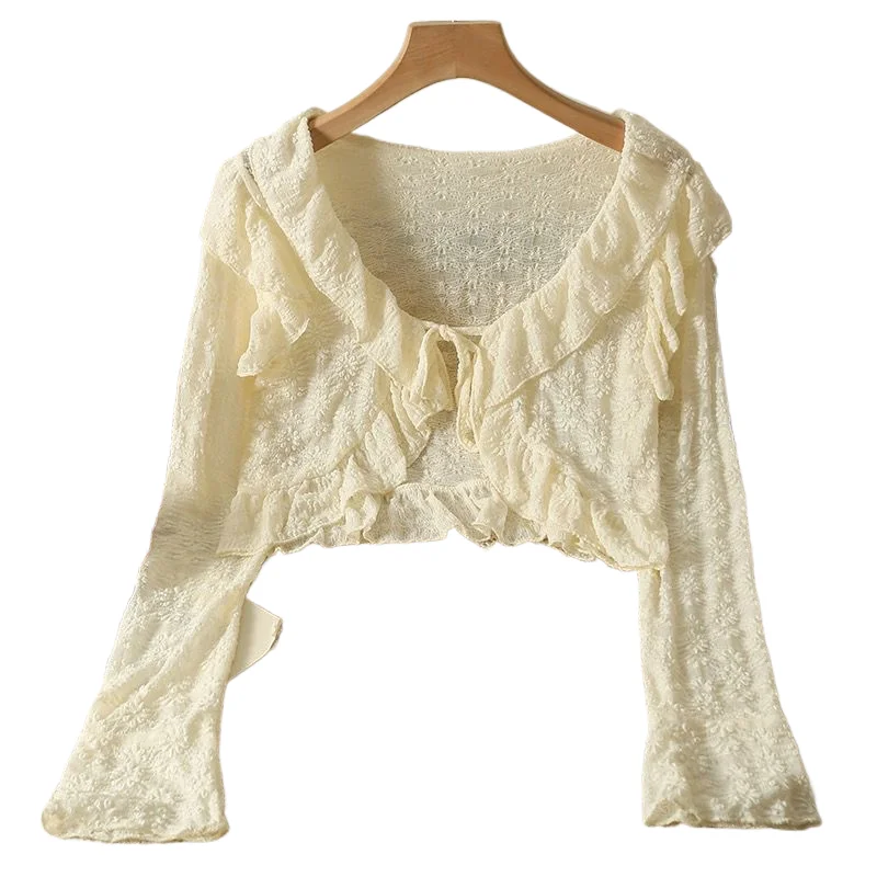 

Japanese Sweet and New Lolita Summer 2024 Patchwork Ruffle Bandage Fashion Solid Color Elegant Versatile Long Sleeved Tops