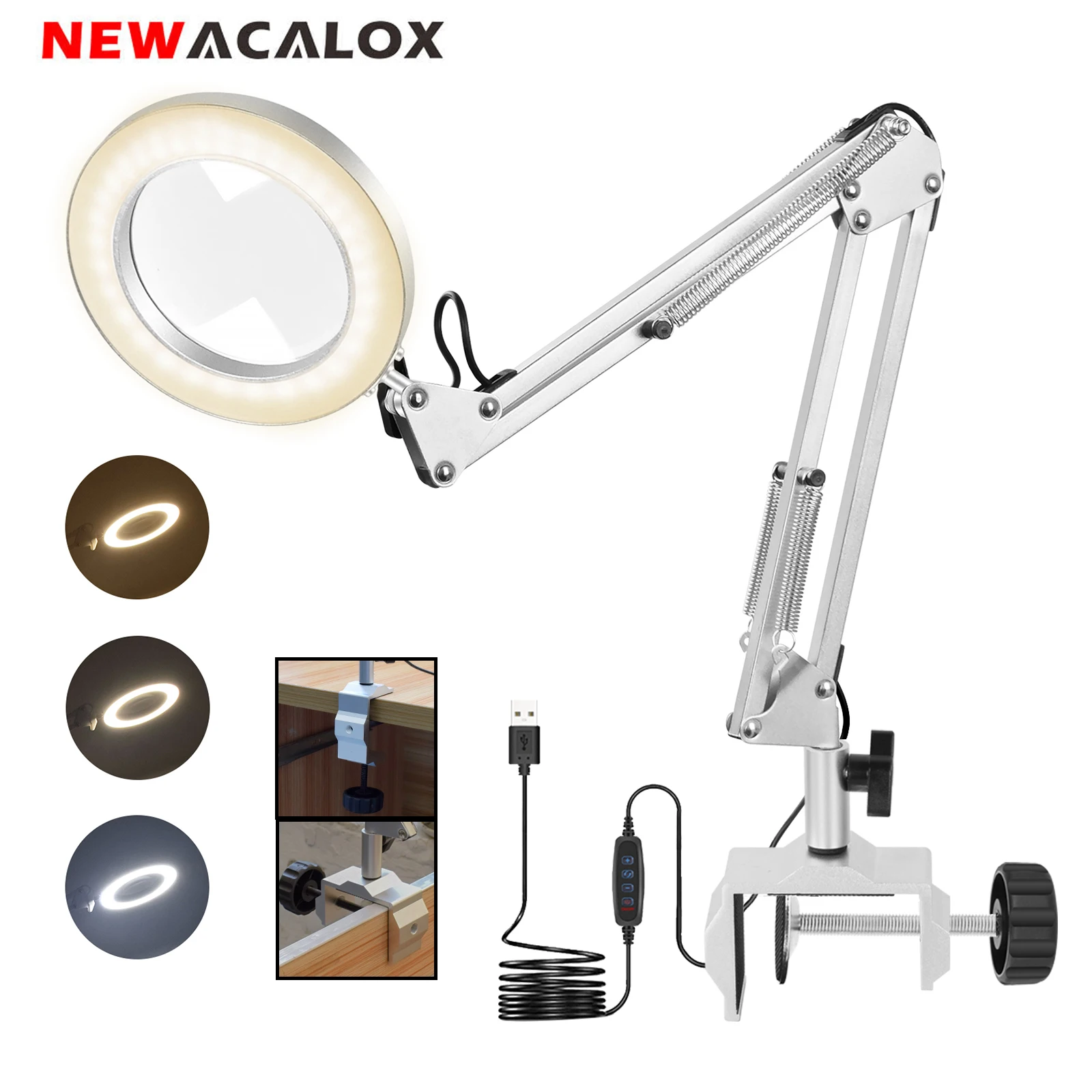 

USB 5X Folding Magnifying Glass LED Illuminated Magnifying Lamp Desk Clip Table Lamp Night Lamp for Welding Repair Close Work
