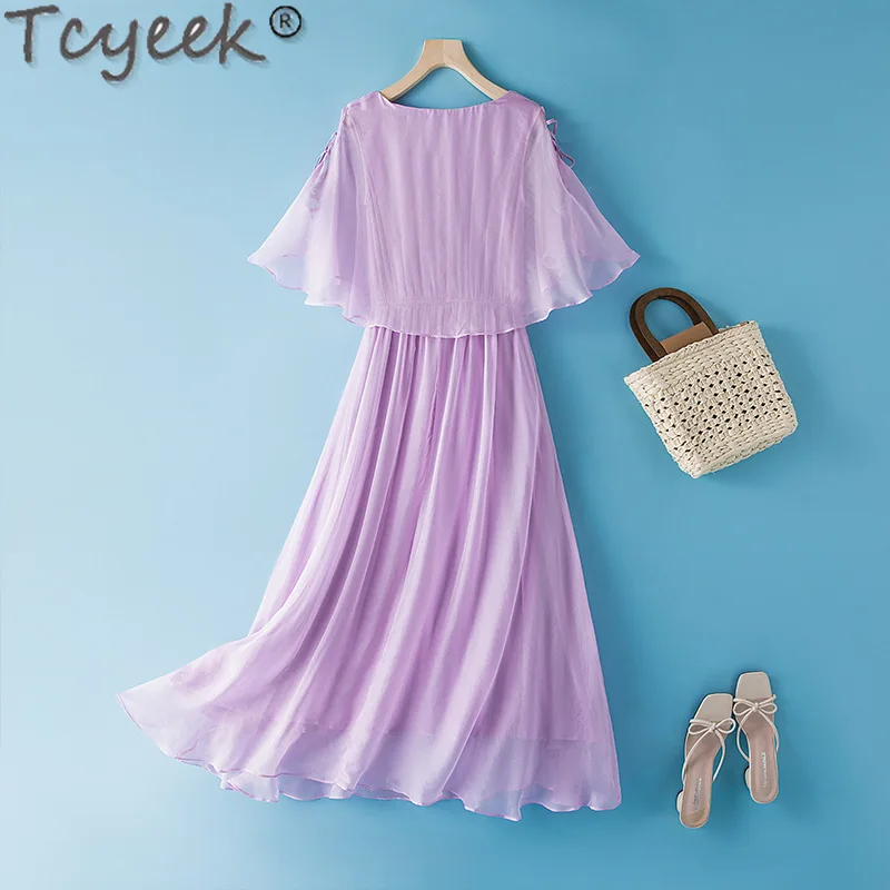 Tcyeek-Vestido De playa De seda De morera auténtica para Mujer, ropa elegante y bonita De verano, 100%