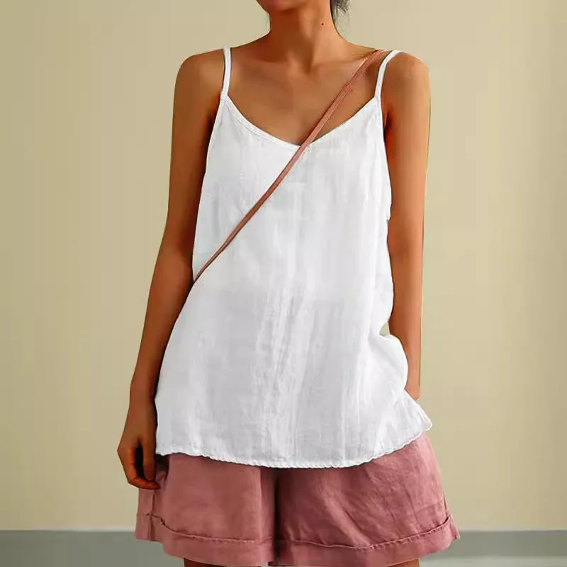 Women's Summer Top Cotton Linen Spaghetti Strap Top Women Halter V Neck Basic Solid Color Sleeveless Tank Tops Loose Casual Cami