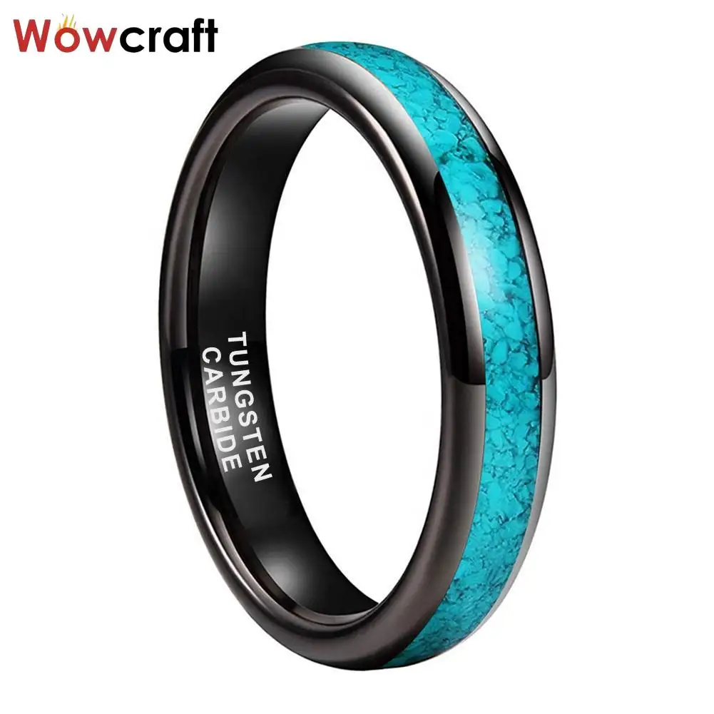 Black Tungsten Ring for Women Men Crushed Turquoise Inlay Domed Fashion Jewelry Engagement Wedding Band