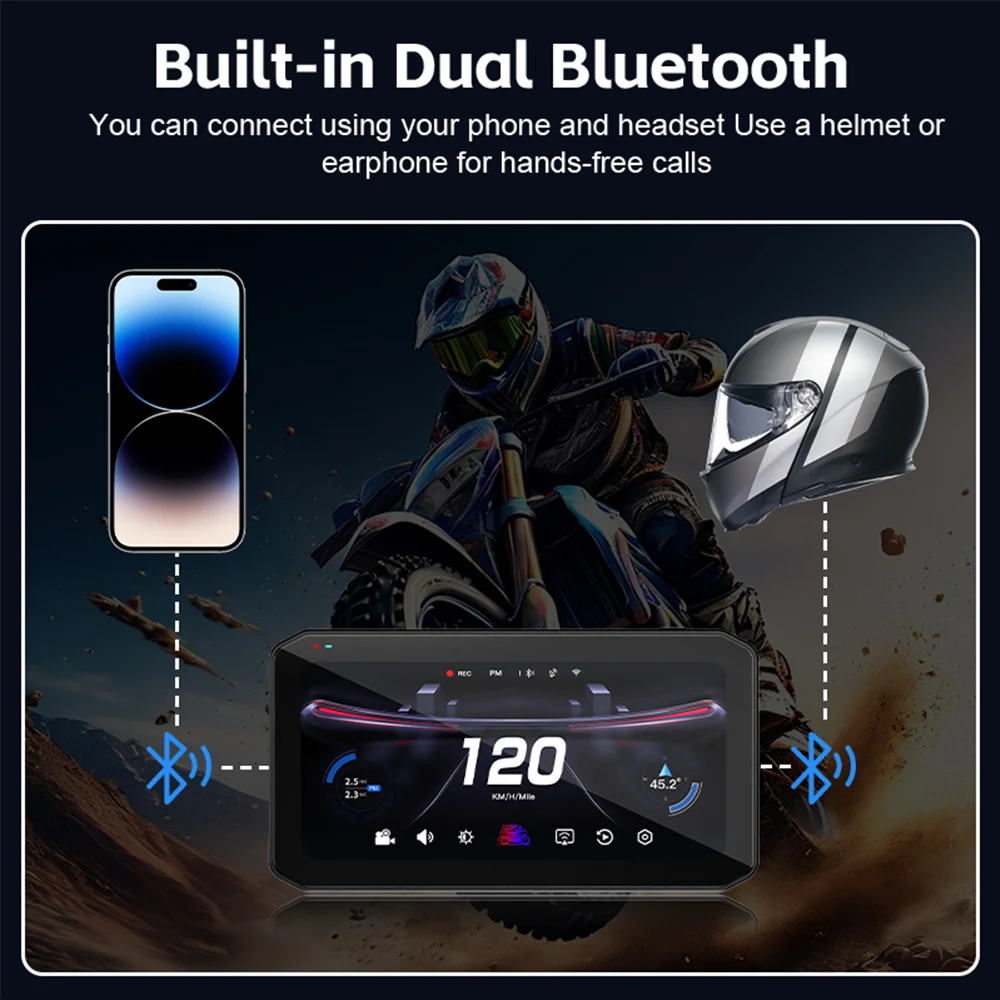 6.25 بوصة Carplay دراجة نارية DVR الملاحة GPS اللاسلكية CarPlay أندرويد السيارات 2K DVR محرك مسجل موتو مراقب واي فاي BSD IPX7