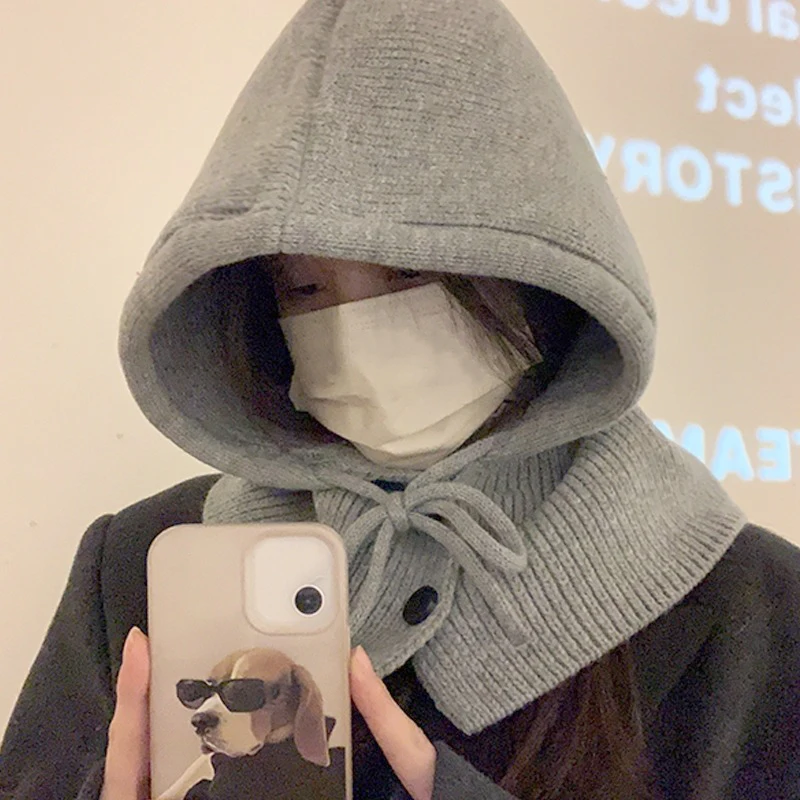 

Fashion Winter Hats Scarf Set Wool Knitted Hooded Caps Balaclava Neck Warmer Scarf Shawl Gothic Pullover Hat Beanies Bonnet