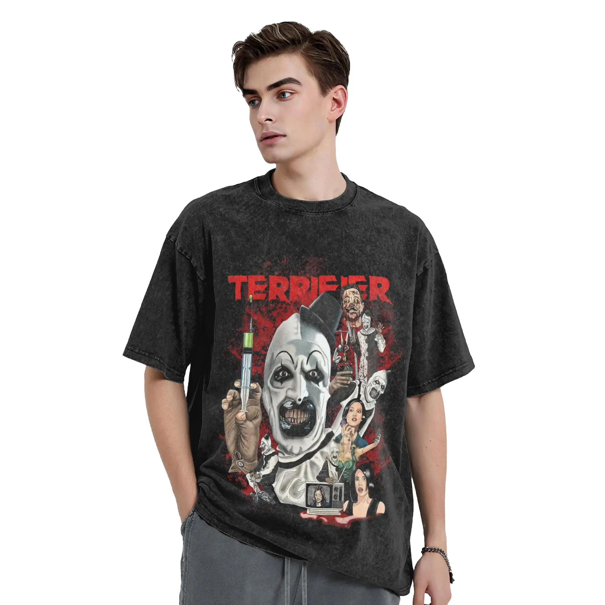 Terrifier Clown Washed T Shirt Streetwear Hip Hop Novelty T-Shirt  Tee Shirt for Men Women 100% Cotton Harajuku Summer