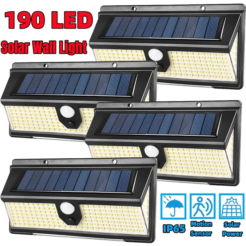 Solar Lights Outdoor Waterproof 190 LED Solar Motion Sensor Lights with Wide Angle Super Bright Security Wall Lamp for Garden