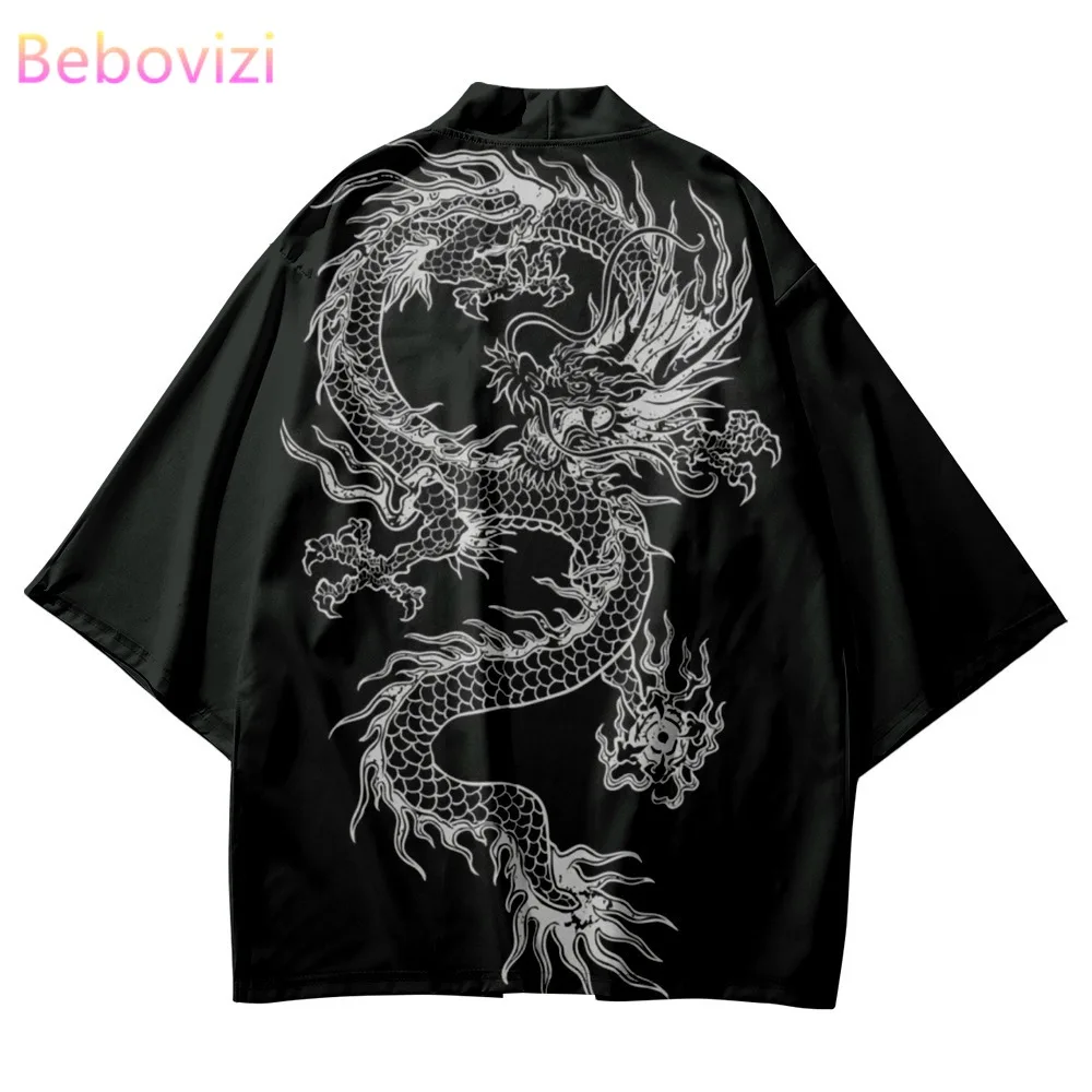 Men Women Black Loose Yukata Cardigan Cosplay Haori Chinese Dragon Print Traditional Kimono Japanese Style Samurai Asia Clothing