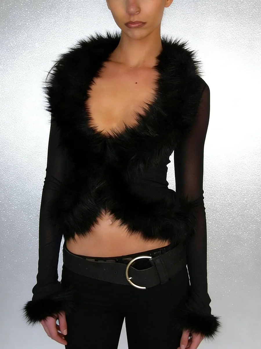 TWOTWINSTYLE Edgy Black Faux Fur Trim Sheer Blouse for Women U Neck Mesh Slimming Long Sleeves Cropped Top for Trendy Outfits