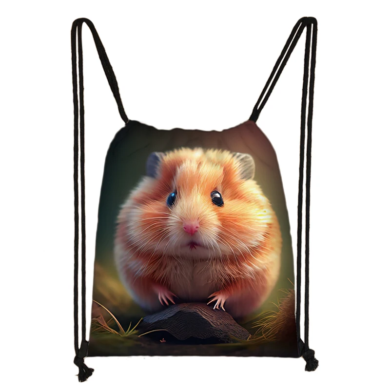 Kawaii Cartoon Hamster Printing Backpack Women Daypack Drawstring Bags Canvas Storage Bag Leisure Rucksacks Shoes Holder Gift