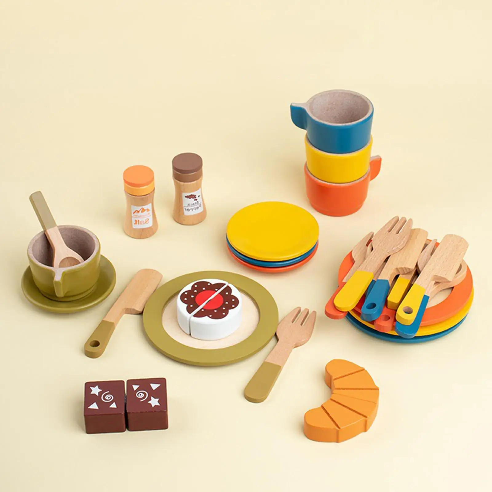 Kids Wooden Tea Set Toy with Plates Cups and Cutlery for Girls Pretend Play Kitchen Accessories