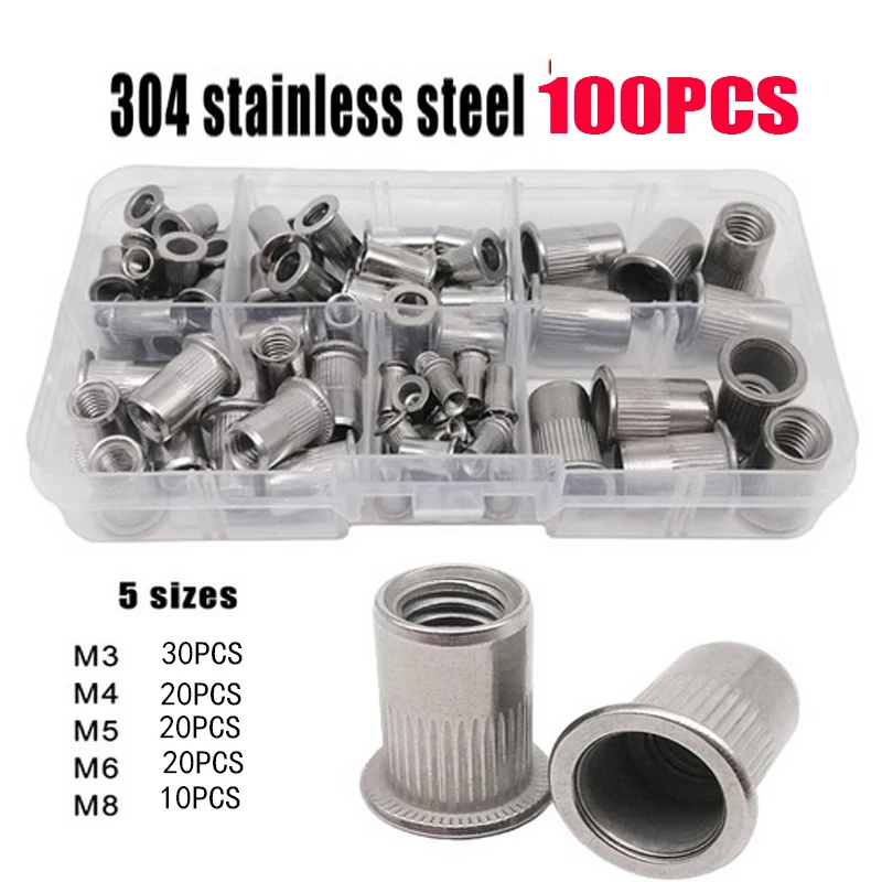 

100PCS Stainless Steel Rivet Nuts Set Nutserts Threaded Insert Nutsert Cap Flat Head Rivet Nuts Carbon Steel M3 M4 M5 M6 M8