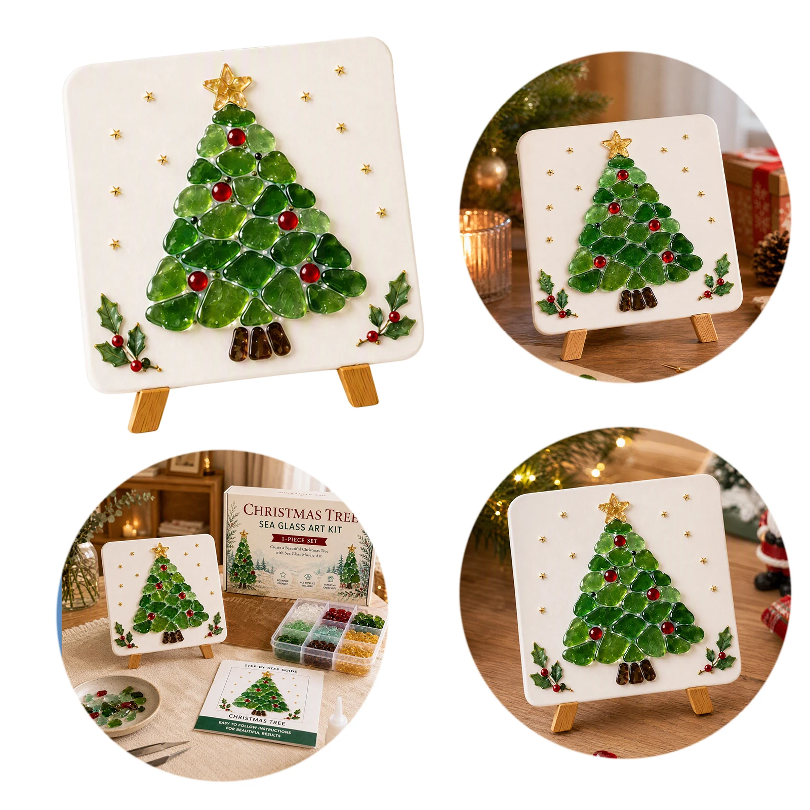Sea Glass Mosaic Art Kit DIY Christmas Reindeer Craft Set Holiday Home Decor with Tweezers Stand Complete Tools