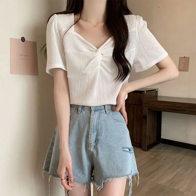 Women\'s Summer Fashion Elegant Solid Color Pleated V-neck Short Sleeve T-Shirt Women Clothes Office Lady All-match Loose Tops