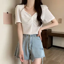 Women's Summer Fashion Elegant Solid Color Pleated V-neck Short Sleeve T-Shirt Women Clothes Office Lady All-match Loose Tops