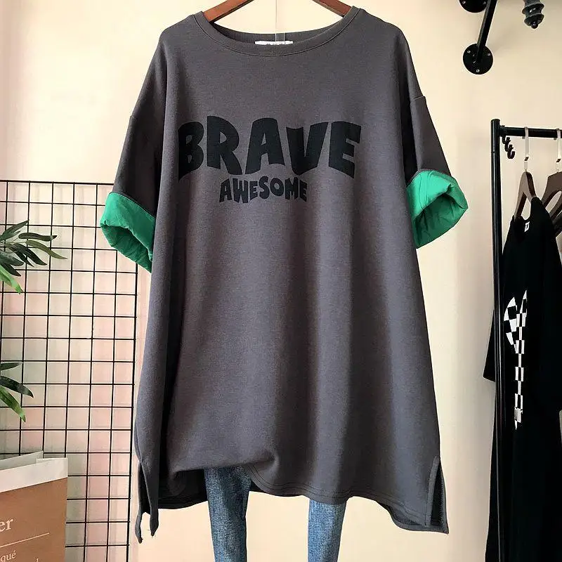 Summer New Contrast Patchwork Top T Shirt Round Neck Short Sleeve Plus Size Loose Pullovers Simplicity Casual Women Clothing
