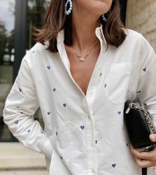 Heart Embroidered Shirts For Women Spring Turndown Collar Long Sleeve Loose Blouses Femme Casual Fashion Pocket Blouse 2024 New