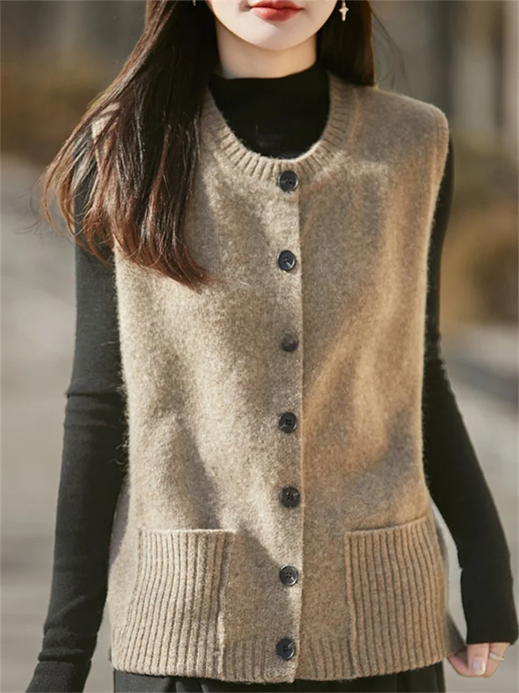 

Rouje Kora Commuter Sle Camel Knitted Vest round Ne Svel Open Cardigan Outerwear for Autumn Winter Slimming Layering