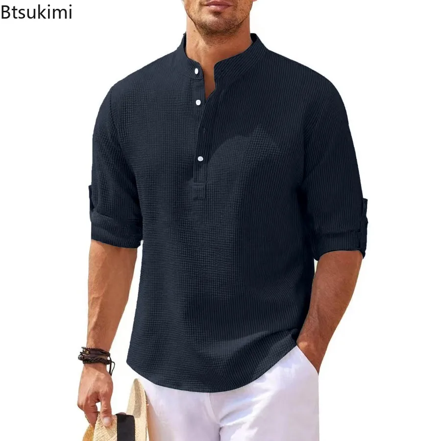 Camisa informal de manga larga para hombre, Jersey holgado de cuello alto con medio botón, blusa versátil transpirable, a la moda, novedad