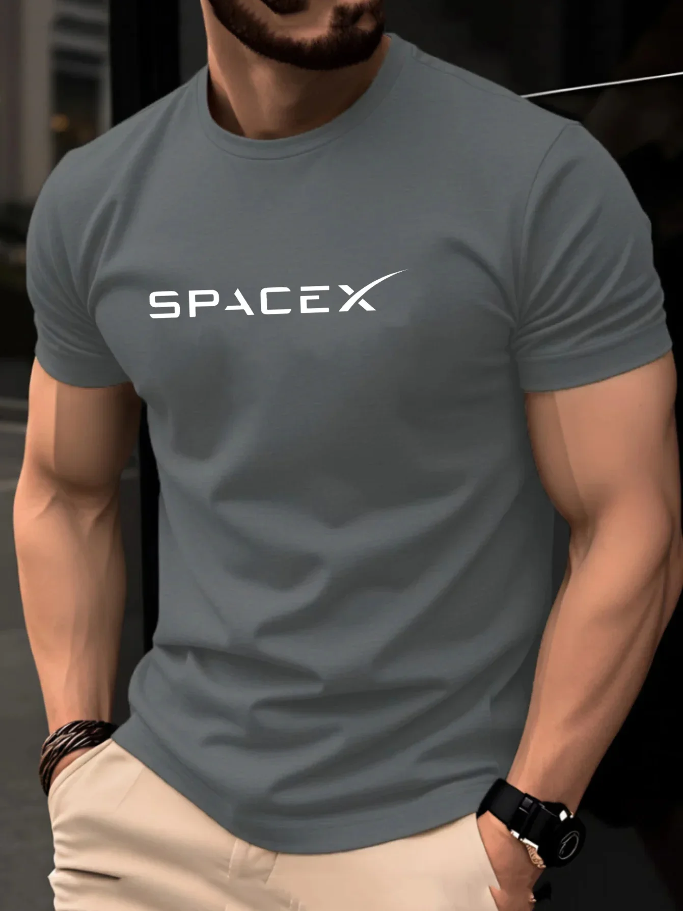 Men's Summer Fashion Casual Loose T-shirt SPACEX Letter Pattern Printed Round Neck Short Sleeved T-shirt Top