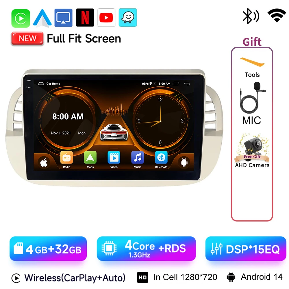 JIUYIN 9 "Android 15 Autoradio Voor FIAT 500 2007-2015 Multimedia Draadloze CarPlay Android Auto GPS Navigatie 4G Stereo Scherm