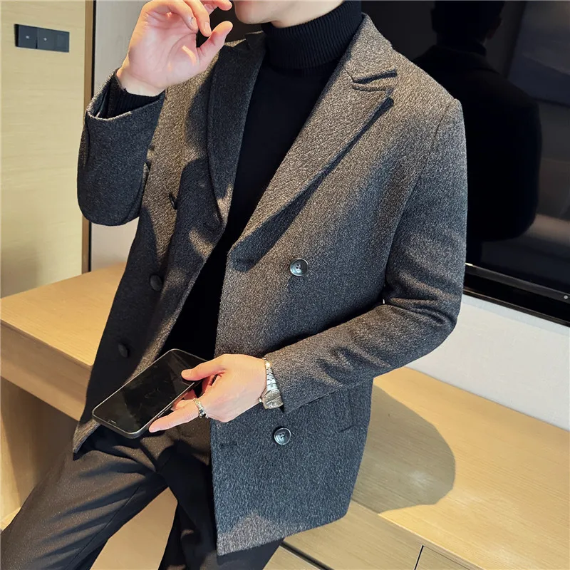 British Style Winter Double Breasted Woolen Suit Jackets Men Thick Warm Wedding Business Blazers Solid Color Casual Dress Coat