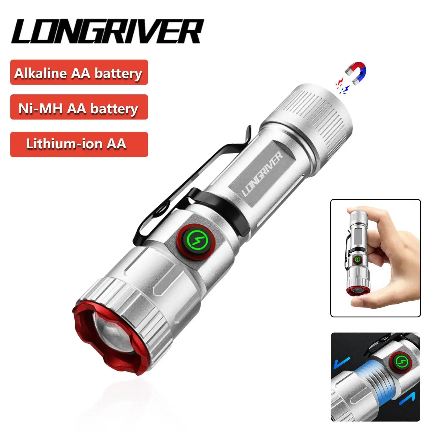 

LONGRIVER AA Zoomable Flashlight 800LM USB-C Rechargeable Small Pocket LED Torches Zoom Flashlights Tail Magnet EDC Flashlight