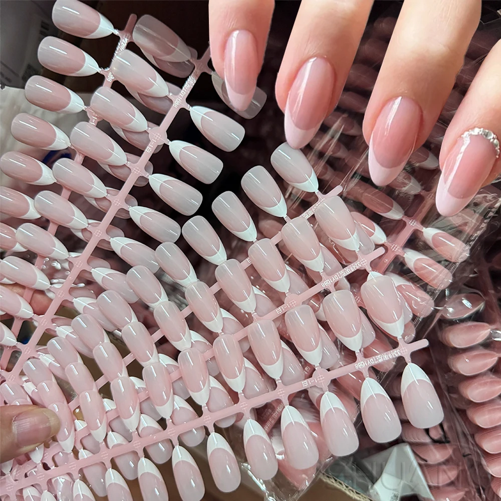 

150Pcs Lignt Pink Almond Fake Nails White French Glossy/Frosted Press on Nails 30*5 Strips Pre-made Simple Full Cover False Nail