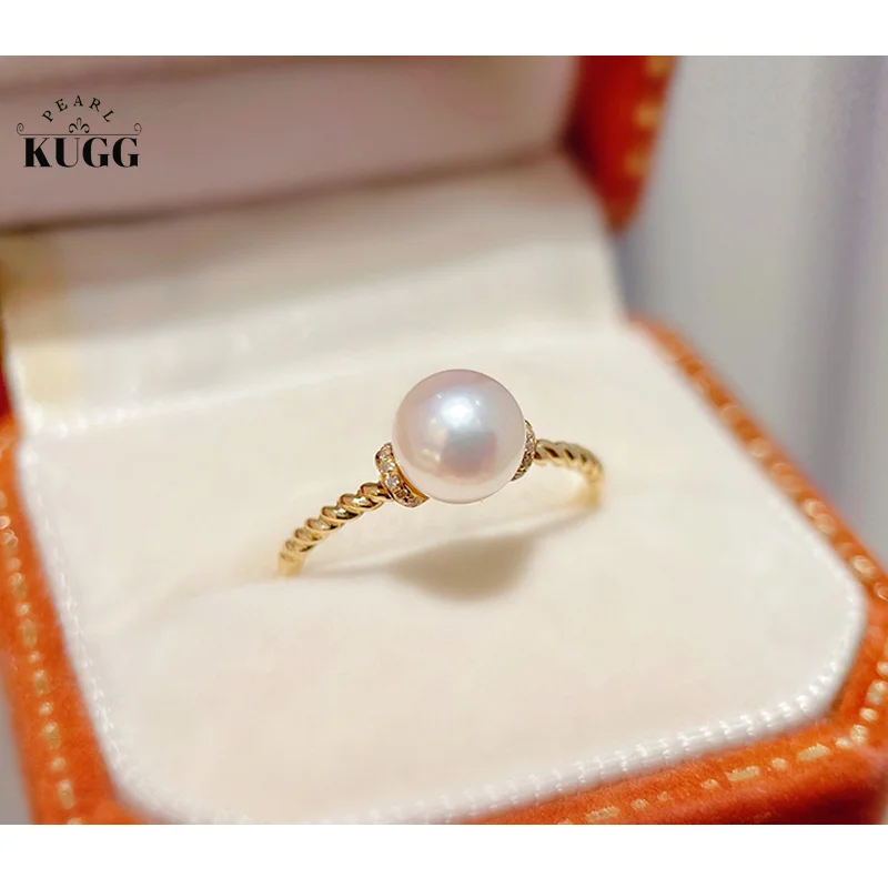 

KUGG 18K Yellow or Rose Gold Rings 6.5-7mm Real Natural Akoya Pearl Elegant Style Wedding Jewelry for Women Engagement Party