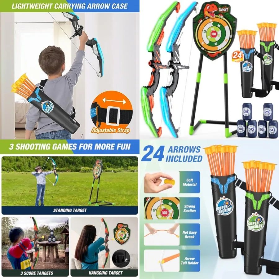 

2 Pack Bow and Arrow for,LED Light Up Archery Set with 24 Suction Cup Arrows, 1 Standing Target, 6 Score Targets 2 Quiver, Indo