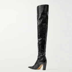 Western Women's Over the Knee High Boots Genuine Leather Heels Winter Shoes Ladies Black Brown Long Chelsea Boot Big Size 45