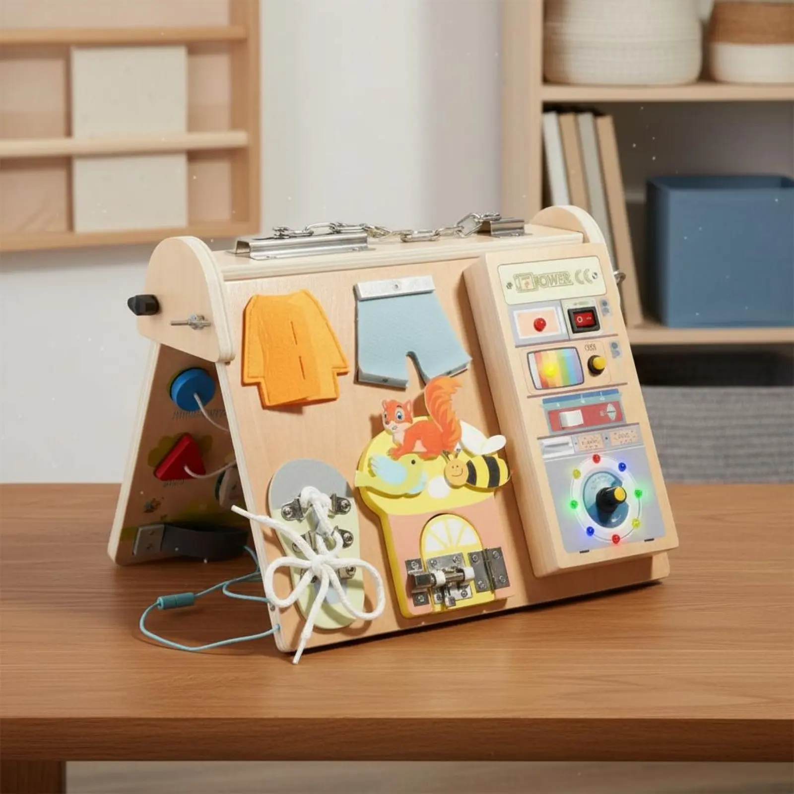 LED Busy Board Multifunction Fourall-in-Single Sensory Board Baby Toy Natural Wood-Safe Rounded Edges for Babies, Nursery
