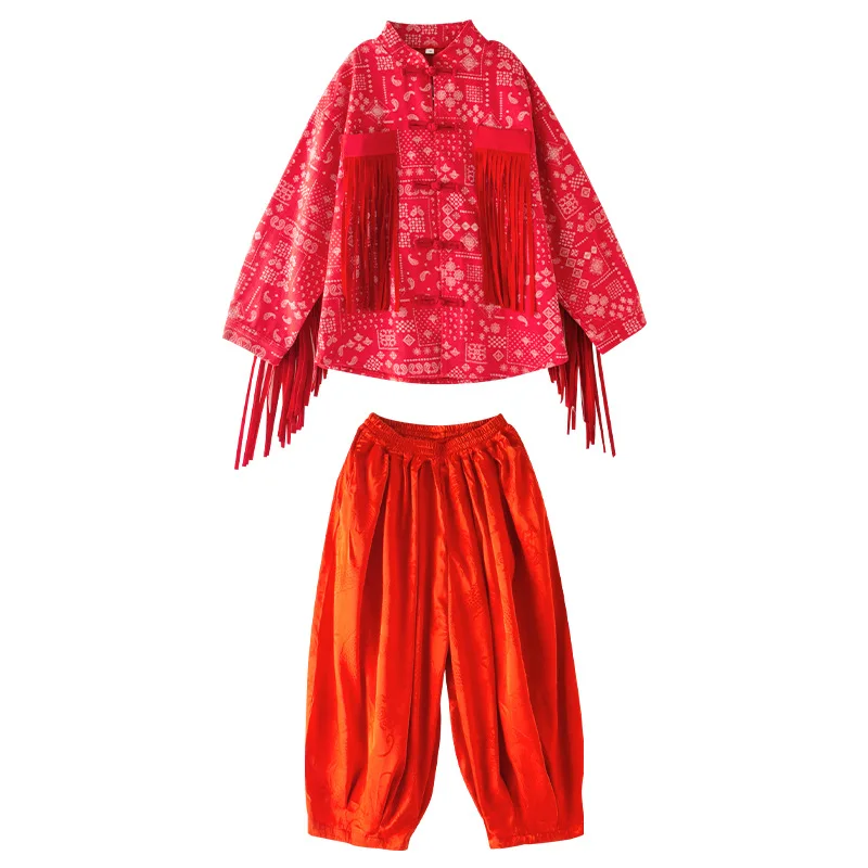 Kid Cool Chinese Hip Hop Clothing Red Fringe Geometry Print Shirt Casual Wide Pleated Pants for Girl Boy Dance Costume Clothes