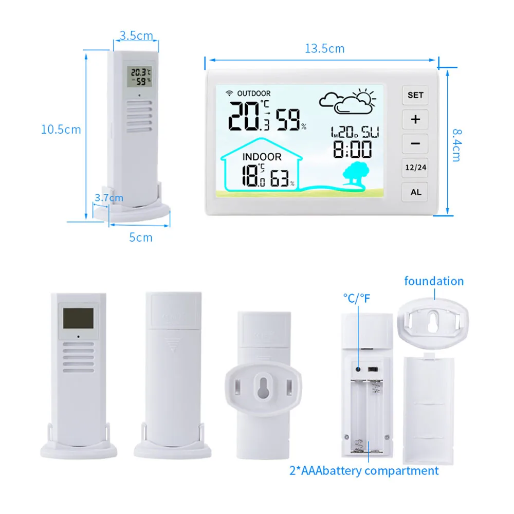 

℃/℉ Switch Weather Station Thermometer Hygrometer with 330ft Range Remote Sensor Wireless Weather Forecast Time Calendar Alarm