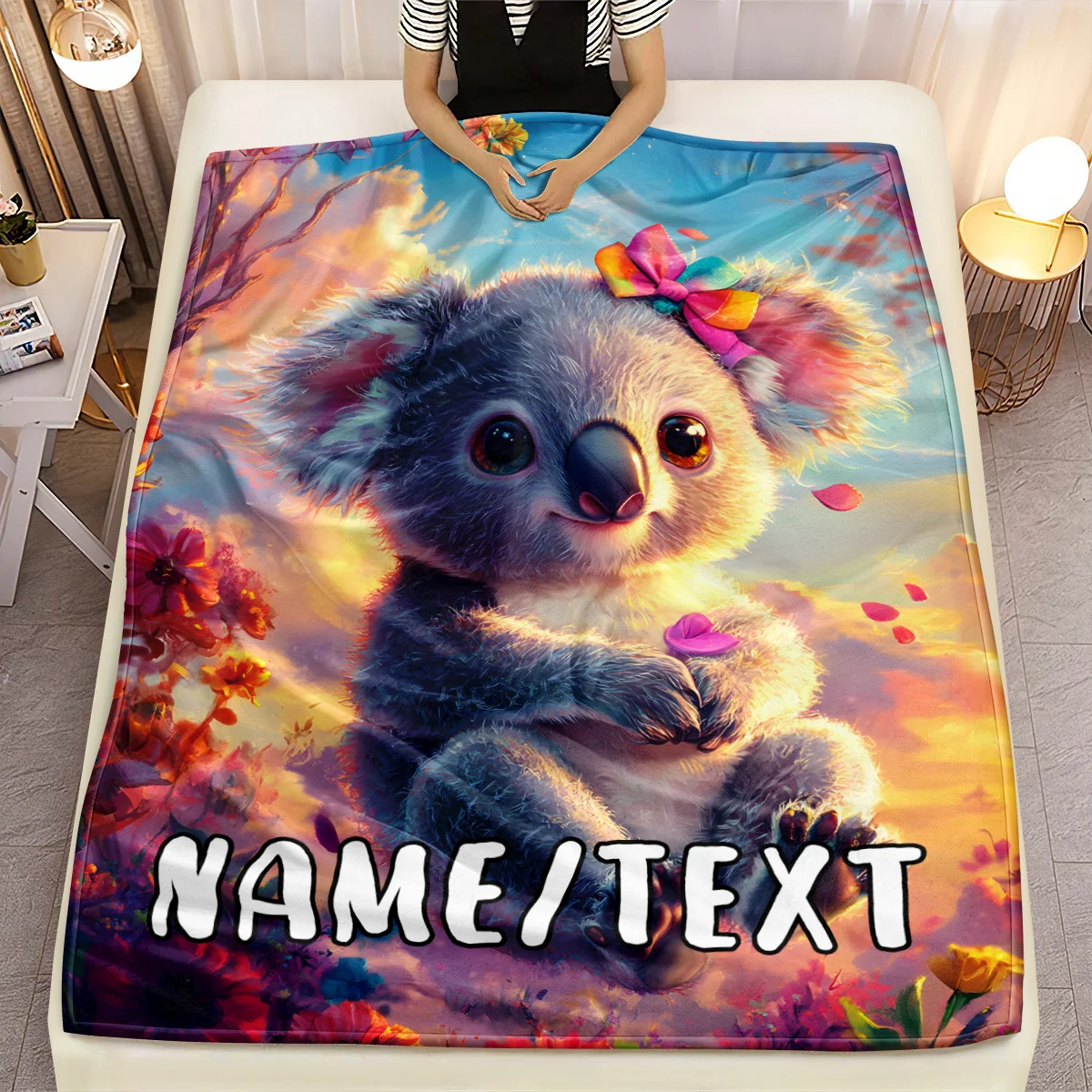 Custom Name Koala Blanket - Soft & Warm Flannel Throw with Vibrant Floral Print | Lightweight, Durable Polyester for Sofa, Bed,