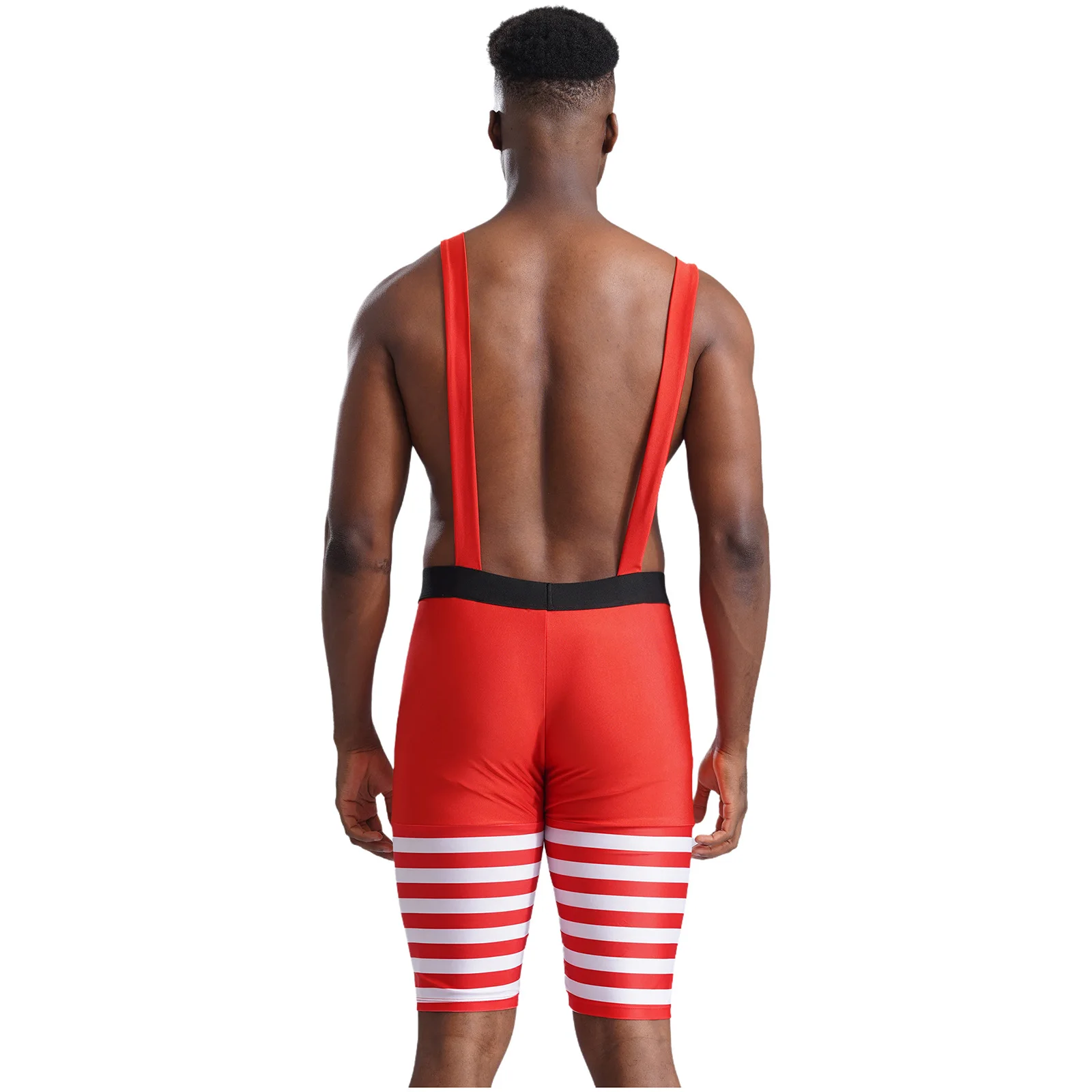 Mens Christmas Striped Suspender Shorts Wide Shoulder Straps Wrestling Singlet Short Jumpsuit New Year Carnival Party Clubwear