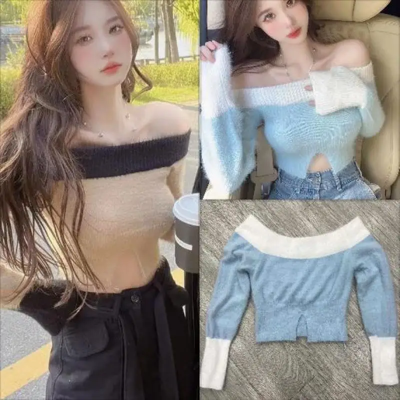 

Off Shoulder Knitted Top Women Stitching Mink Fur Long Sleeved Slim Sexy Short Y2k Tops