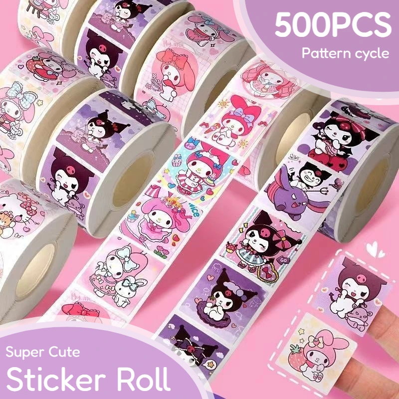 Rotolo di adesivi Sanrio 500 pezzi Cartoon Cute Cinnamoroll Ricompensa per bambini Conto fai da te Materiale Modello ad anello Adesivi sigillanti