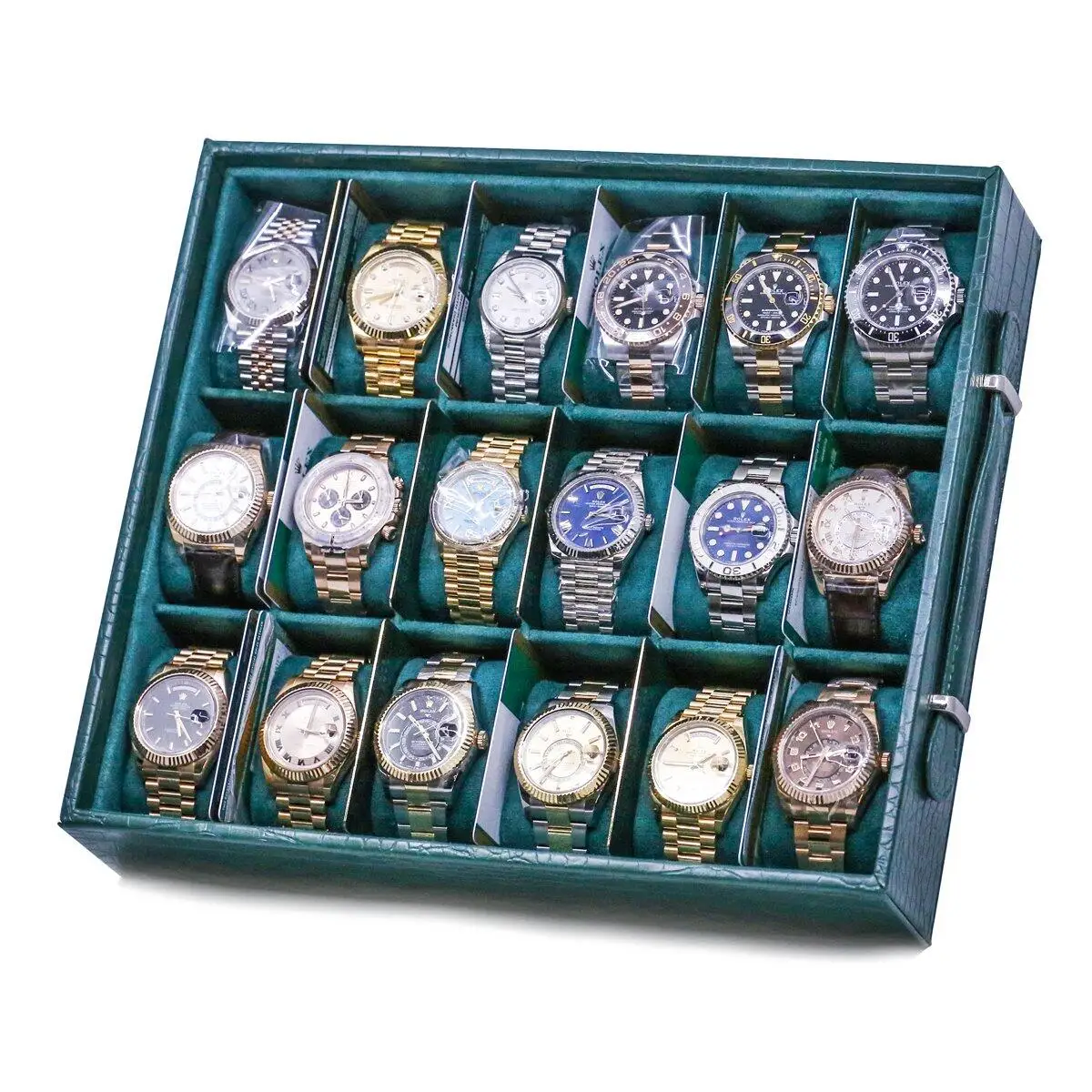 

Custom Luxury 18 Slot Leather Watch Display Trays With Cover Watch Storage Box Case Green Watch Tray Organizer for Storage