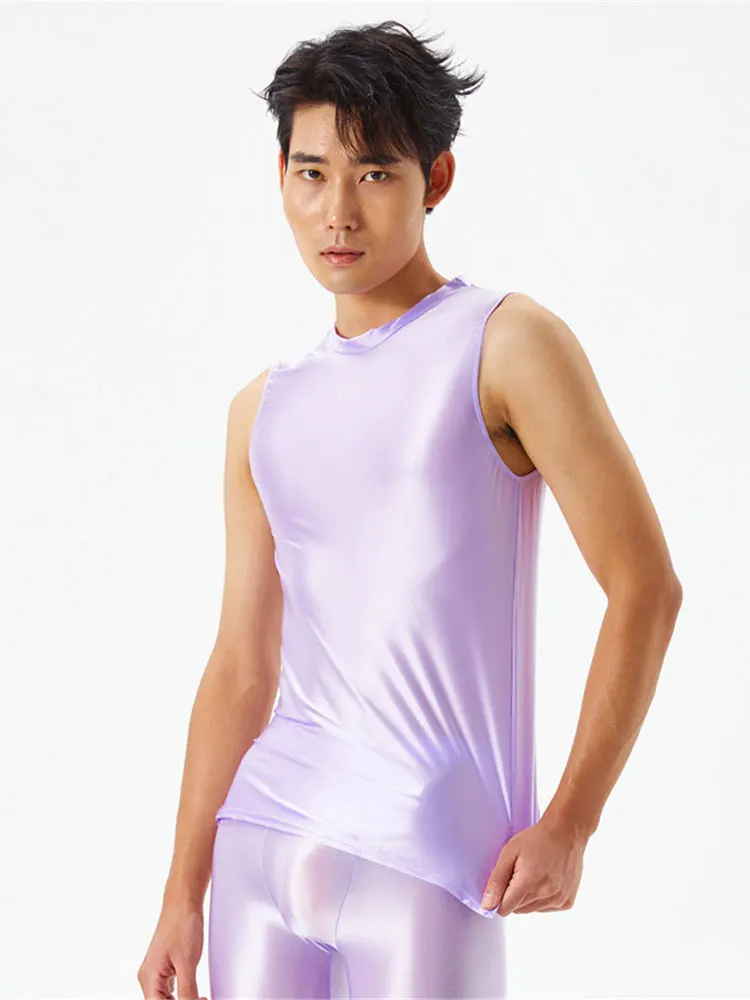 Sexy Men Candy Color Sport Yoga Outfits Sheer See Through Tank Top Satin Oil Shiny Tight High Elastic Fitness Running Vest